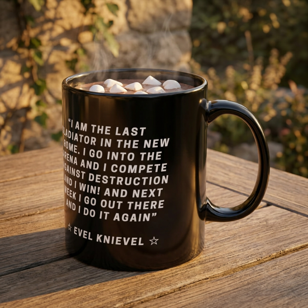 Evel Knievel Quote Black Coffee Mug   Inspirational Stunt Rider Tribute