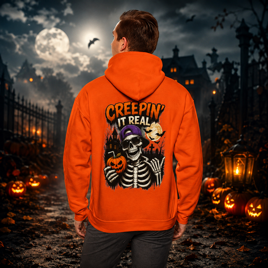 Creepin’ It Real Halloween Hoodie – Unisex Skeleton Graphic Hoodie