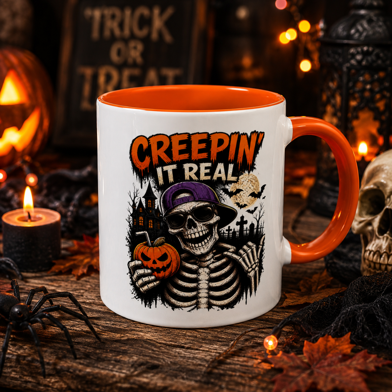Creepin’ It Real Halloween Accent Mug – Skeleton Coffee Mug