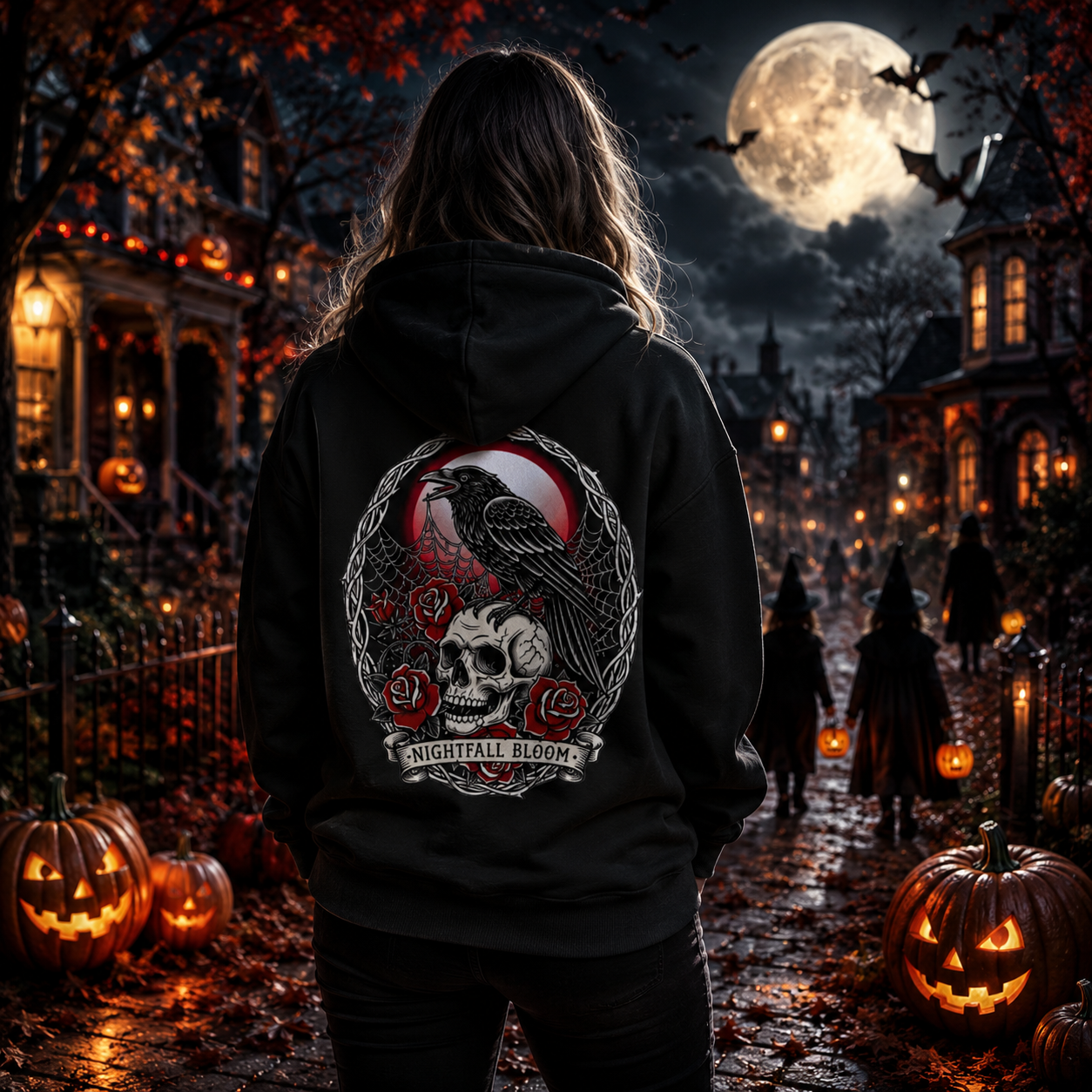 Nightfall Bloom Gothic Hoodie – Raven, Skull & Red Rose Halloween Hoodie