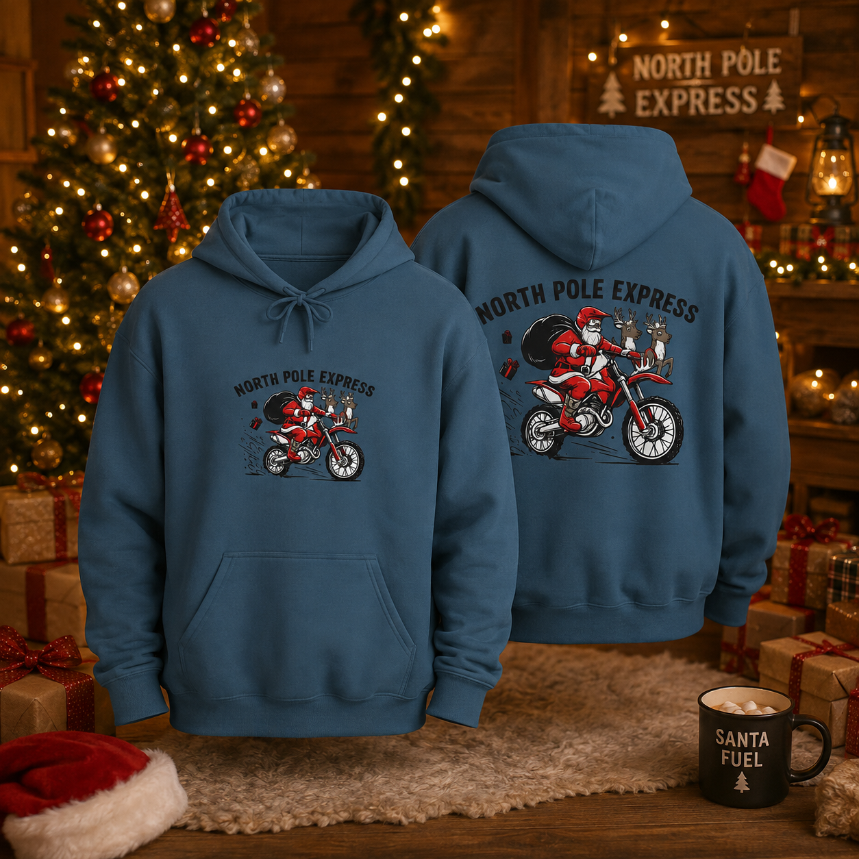 North Pole Express Motocross Christmas Hoodie   Santa Dirt Bike