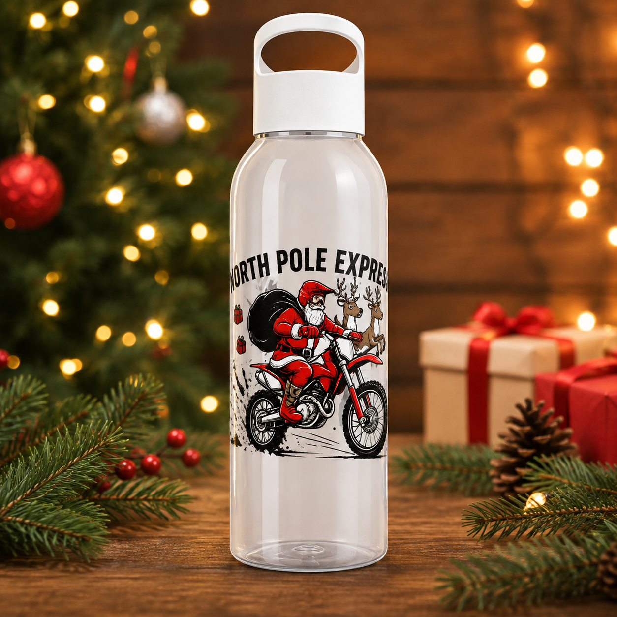 North Pole Express Motocross Christmas Water Bottle