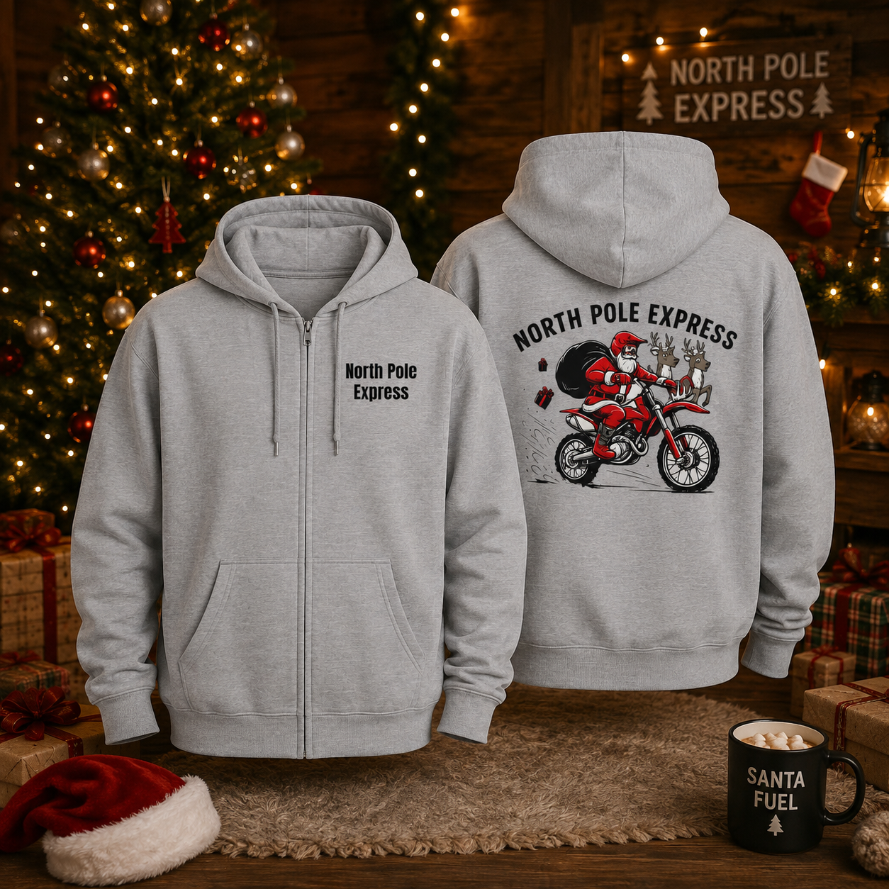 North Pole Express Motocross Christmas Zip Hoodie – Unisex