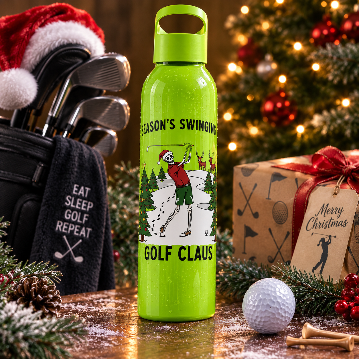 Golf Claus Christmas Golf Water Bottle – Season’s Swinging