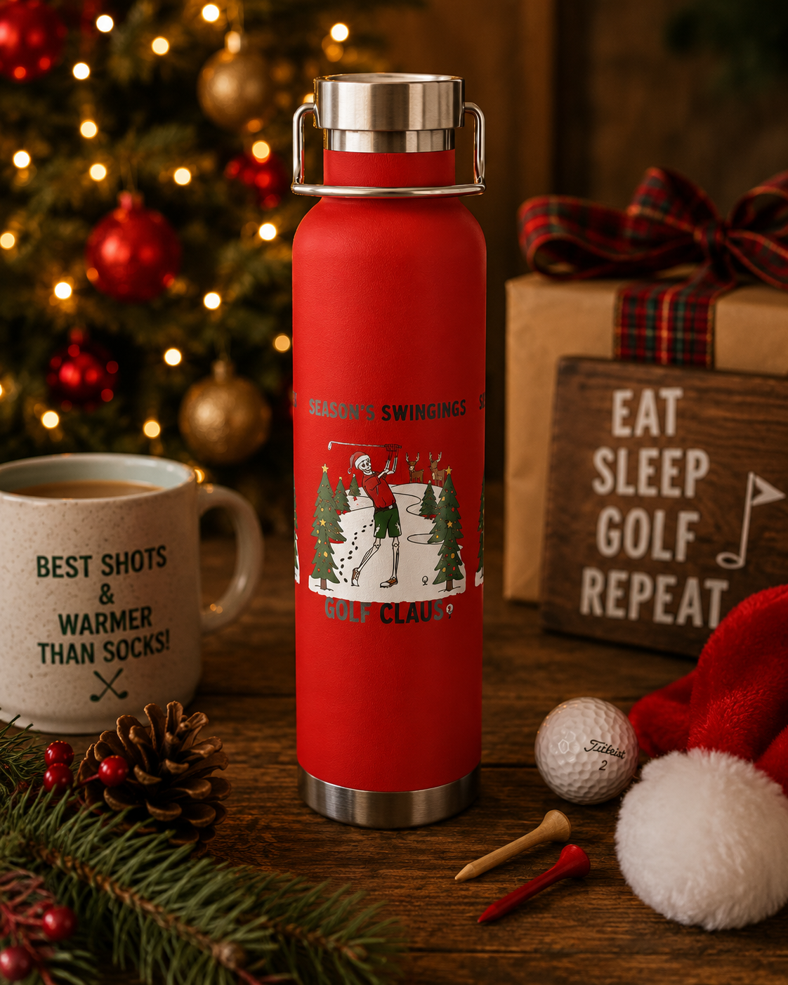 Golf Claus Insulated Flask – Season’s Swingings Christmas Golf Bottle
