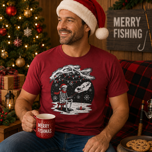 Merry Fishing Christmas T-Shirt – Festive Skeleton Fishing Tee