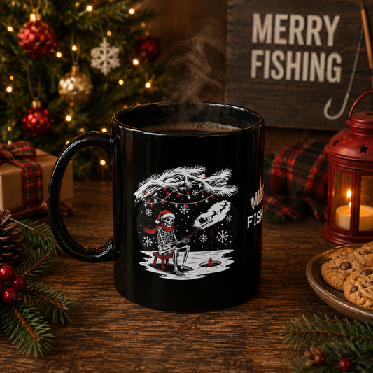 Merry Fishing Christmas Mug – Skeleton Fisherman Black Mug