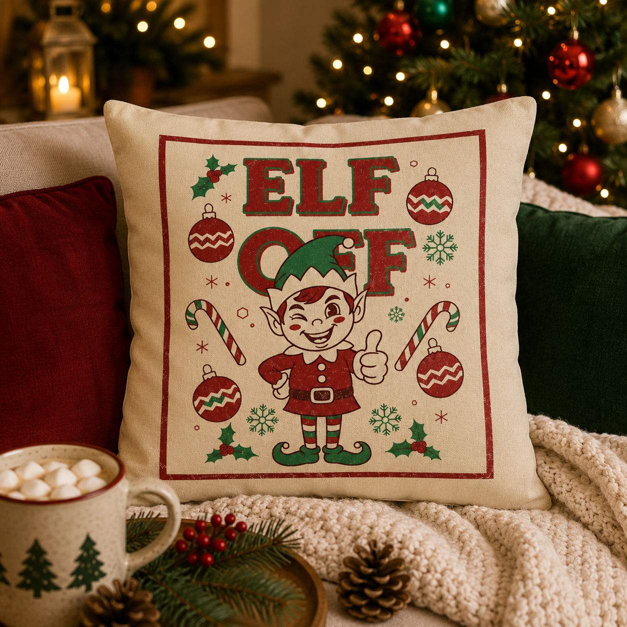 Elf Off Christmas Cushion – Funny Retro Festive Pillow