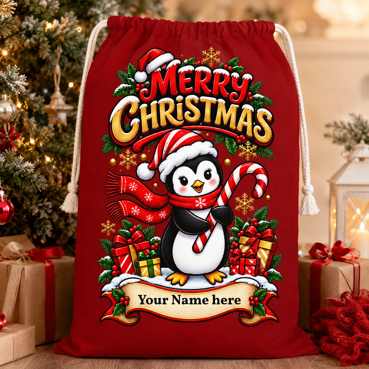 Personalised Penguin Christmas Gift Sack – Merry Christmas Santa Sack