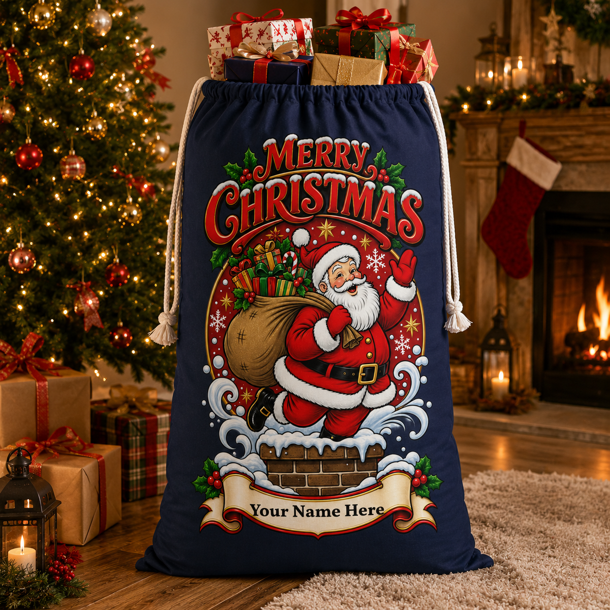 Personalised Santa Christmas Gift Sack – Navy Merry Christmas Sack