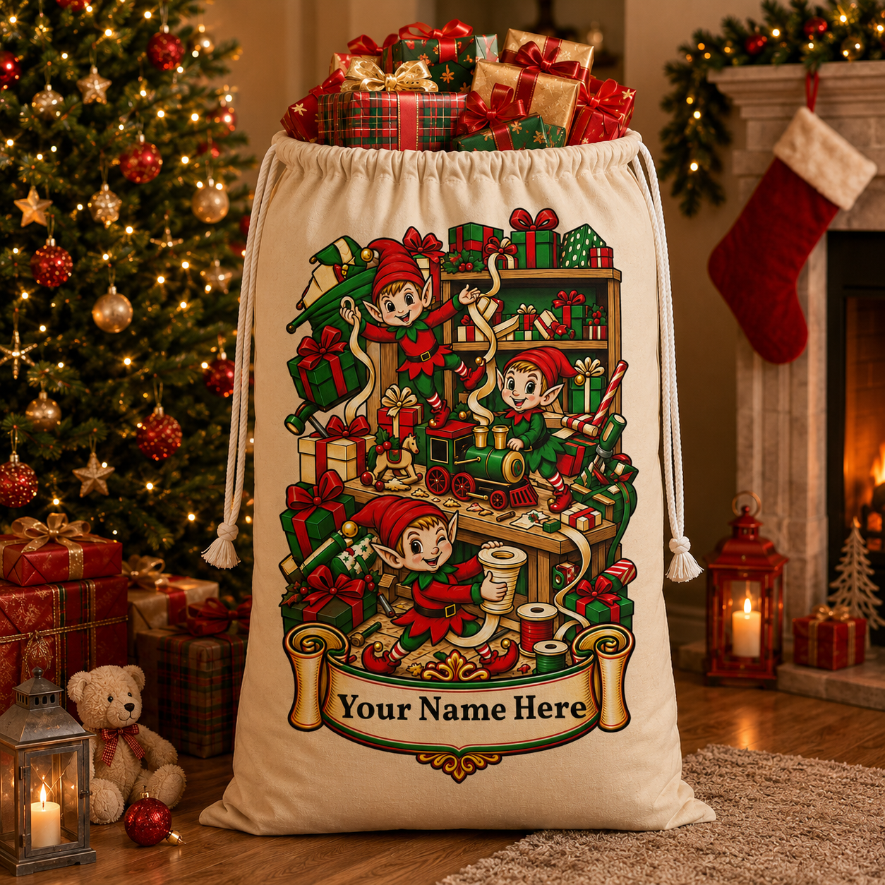 Personalised Christmas Elves Gift Sack – Santa’s Workshop Christmas Sack