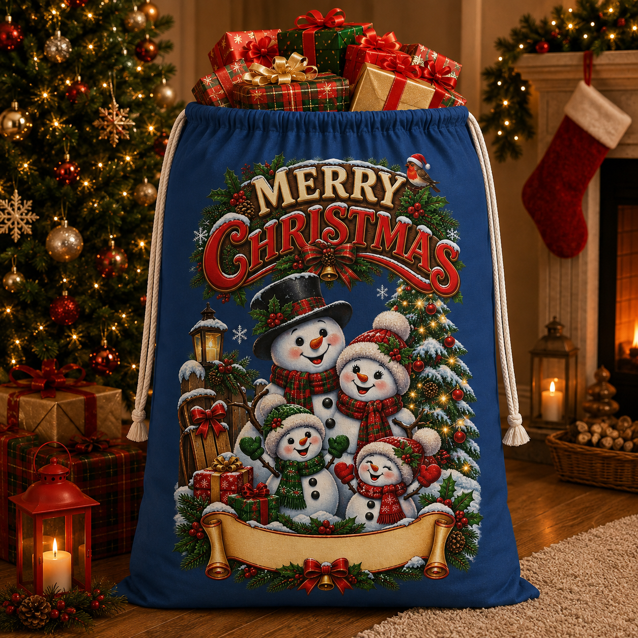 Personalised Snowman Family Christmas Sack – Blue Christmas Gift Sack