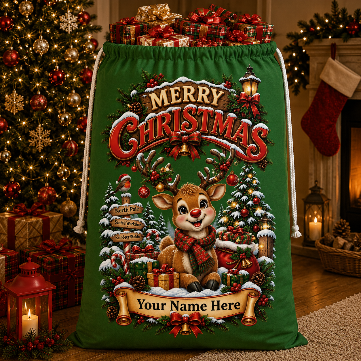 Personalised Reindeer Christmas Sack – Green Christmas Gift Sack