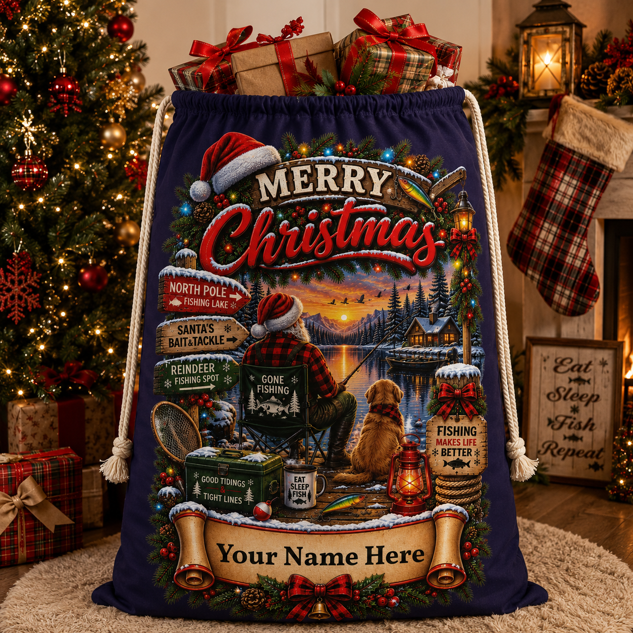 Personalised Christmas Fishing Gift Sack – North Pole Fishing Lake