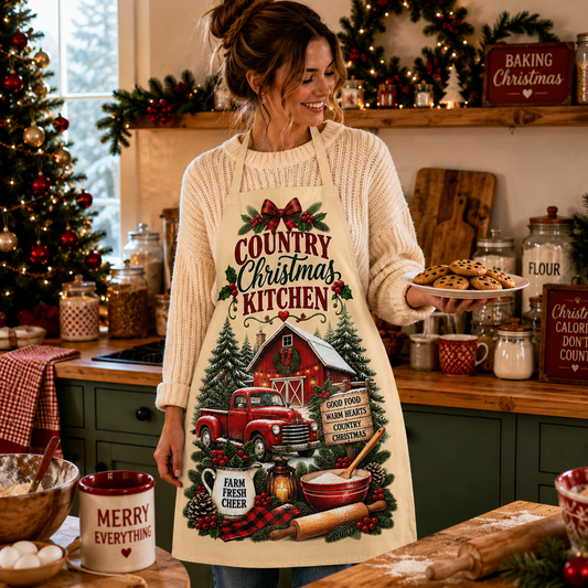 Country Christmas Kitchen Apron – Rustic Farmhouse Christmas Apron