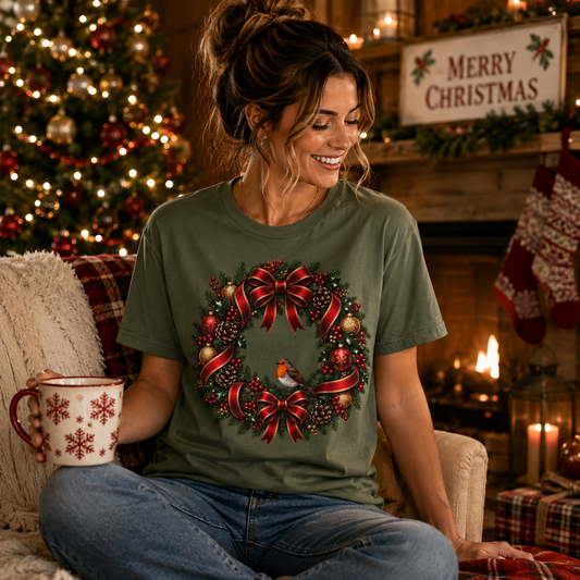 Christmas Wreath & Robin T-Shirt – Festive Botanical Tee