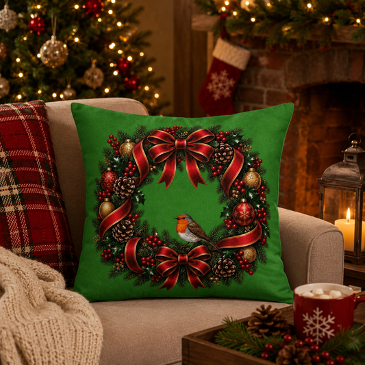 Christmas Wreath & Robin Faux Suede Cushion – Festive Christmas Cushion