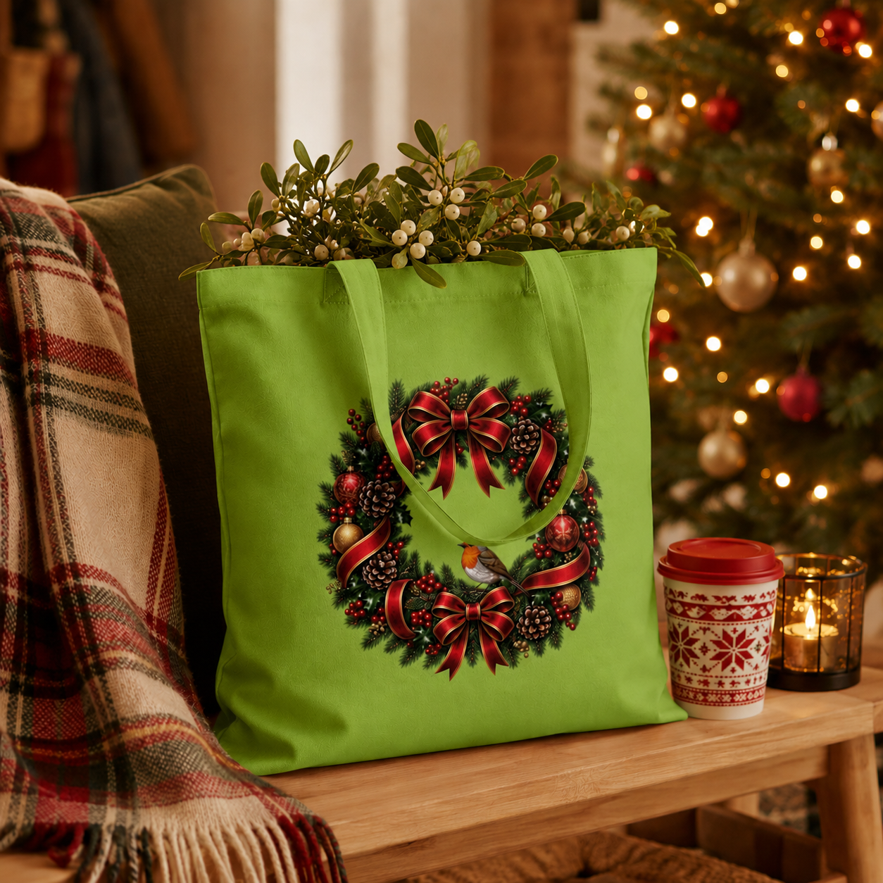 Christmas Wreath & Robin Cotton Tote Bag – Festive Christmas Bag
