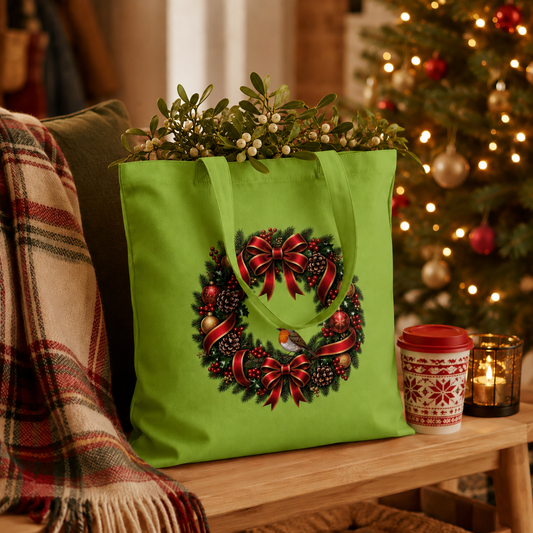 Christmas Wreath & Robin Cotton Tote Bag – Festive Christmas Bag