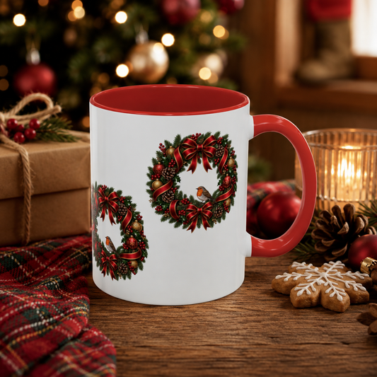Christmas Wreath & Robin Accent Mug – Festive Christmas Mug