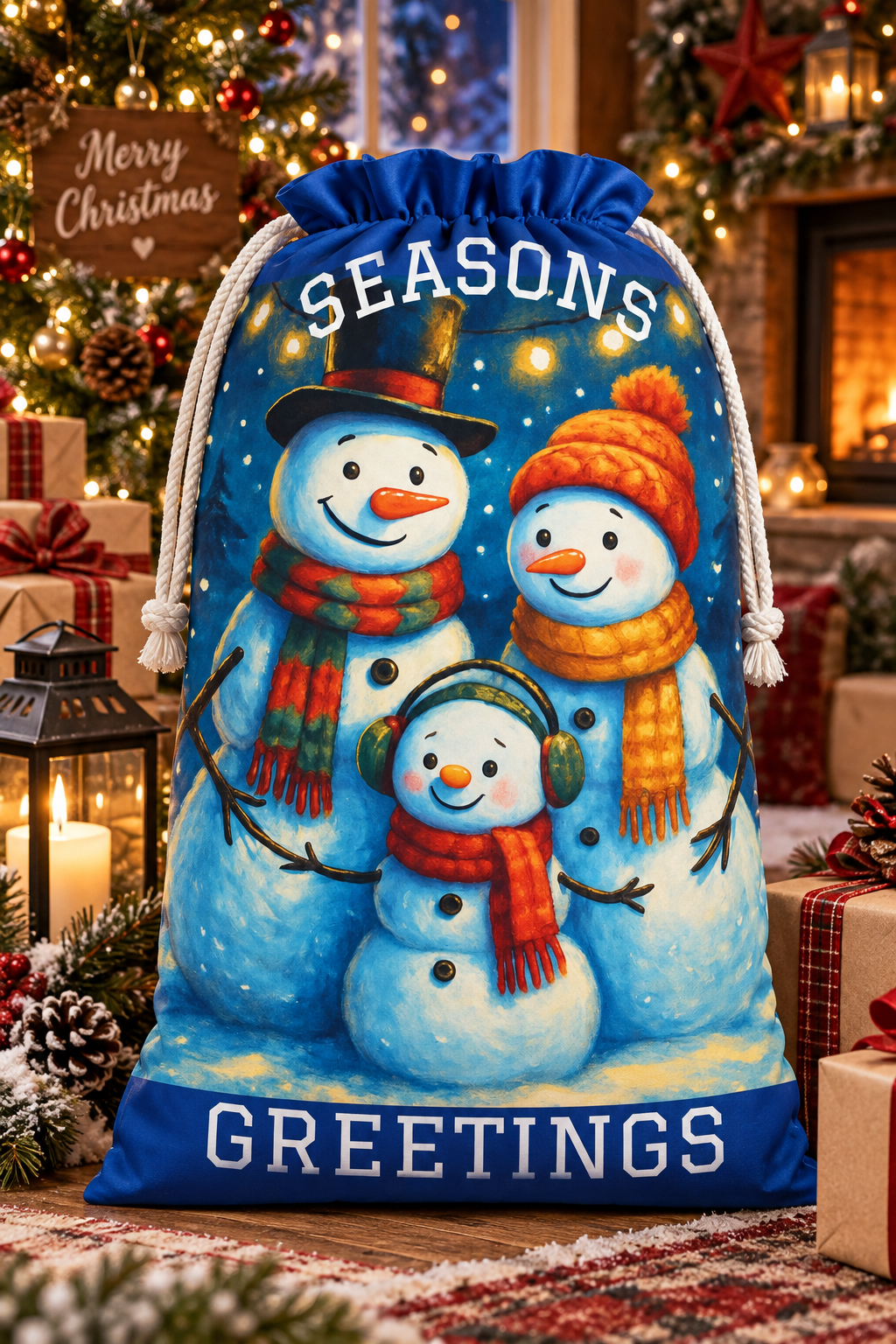Snowman Family Christmas Gift Sack | Seasons Greetings Large Christmas Sack