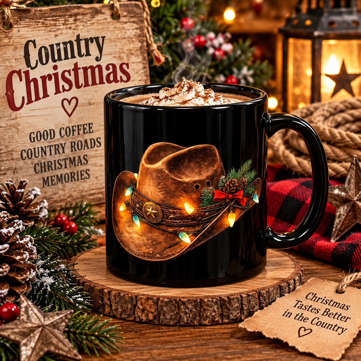 Country Christmas Cowboy Hat Mug – Black Ceramic Mug