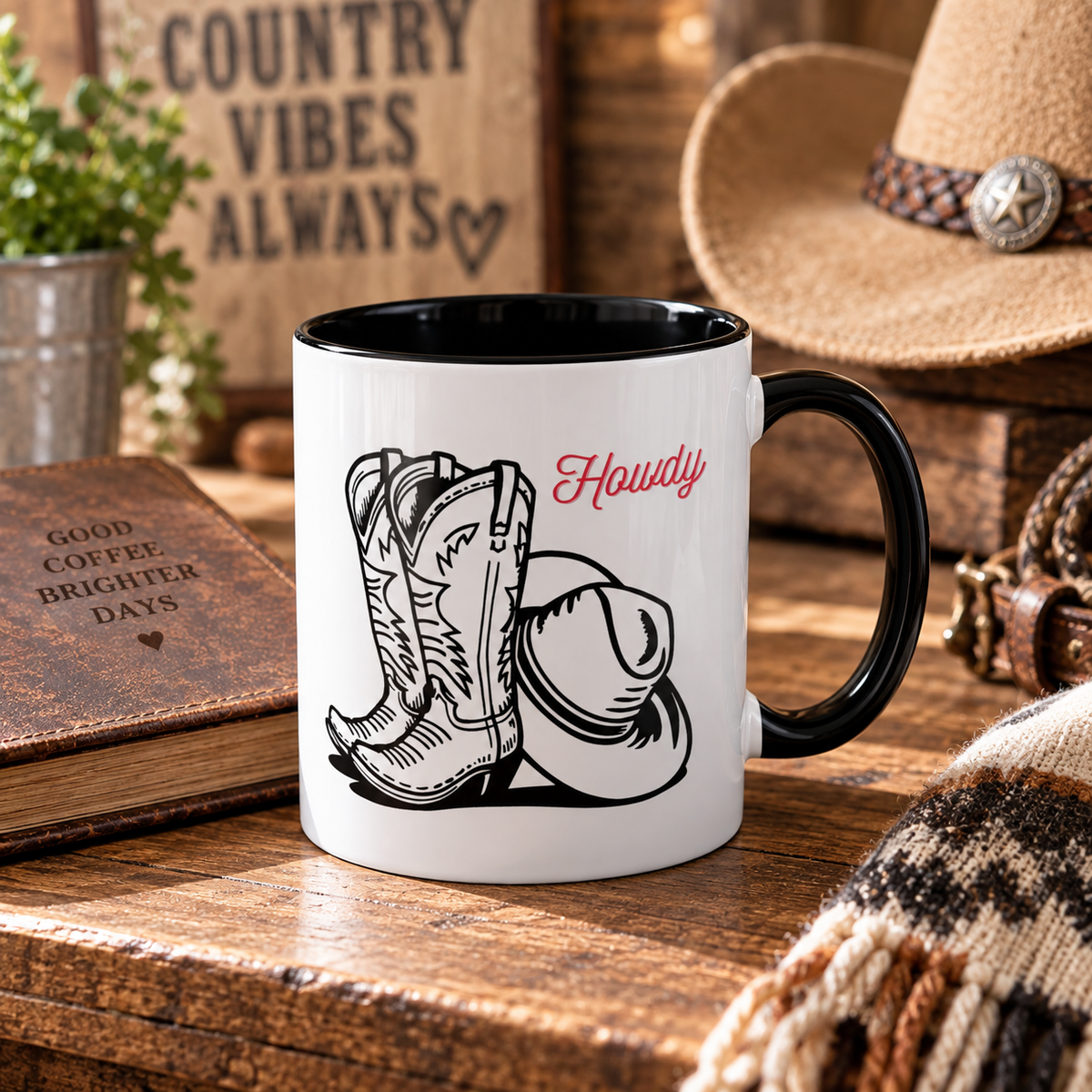 Mug de café chapeau et bottes de cowboy, mug de cowboy rustique, vaisselle de style western, cadeau pour cowgirl, cadeau pour les éleveurs