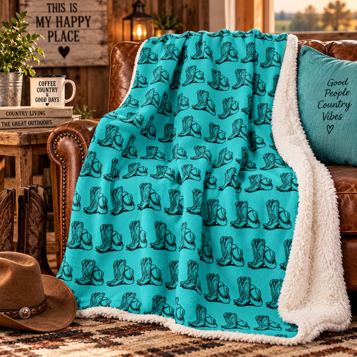 Cowboy Boots & Hat Turquoise Sherpa Throw Blanket