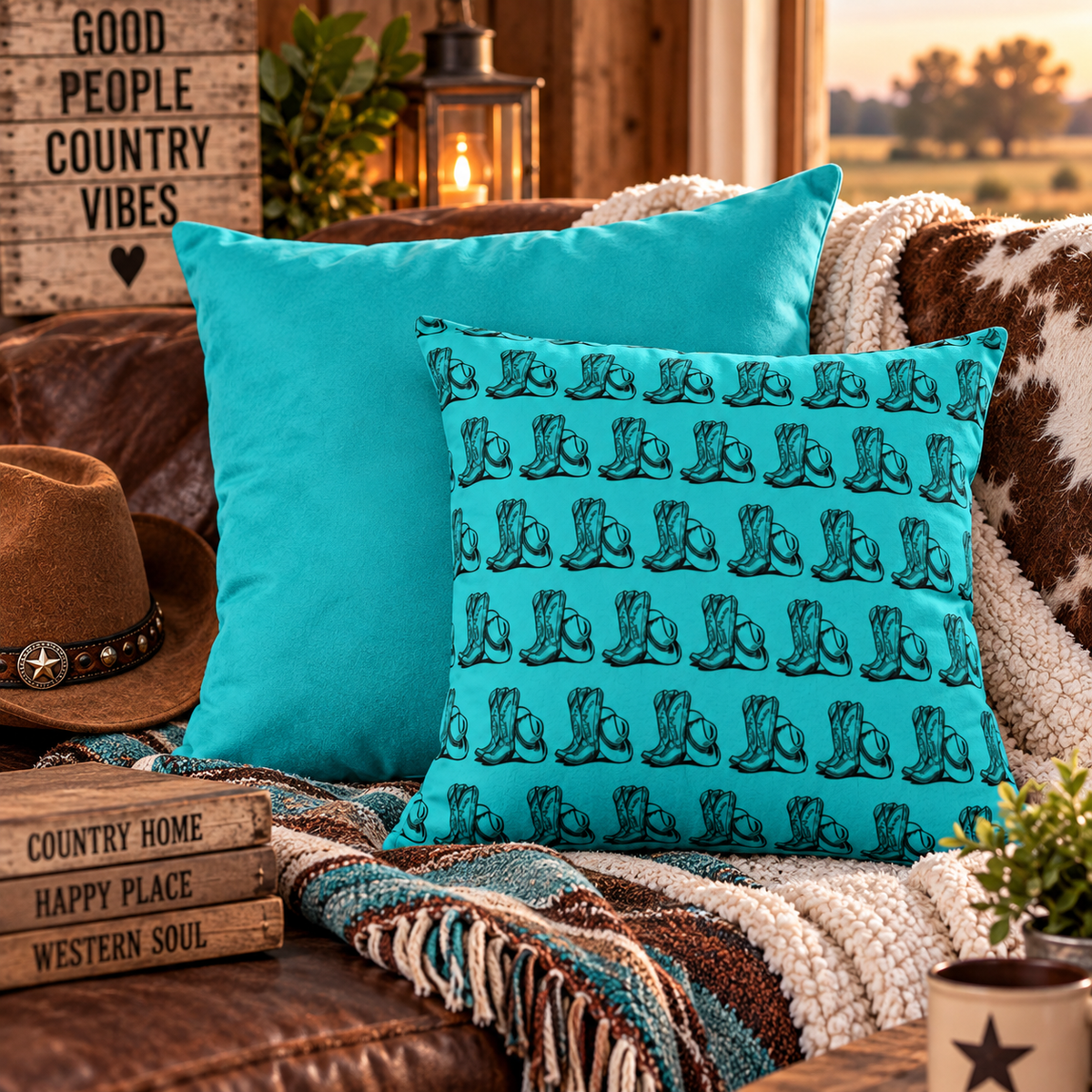 Teal Cowboy Boot Pattern Square Pillow — Western Accent Throw Pillow