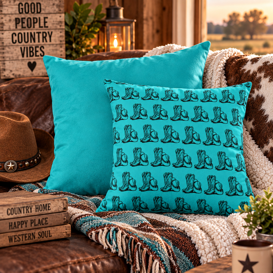 Teal Cowboy Boot Pattern Square Pillow — Western Accent Throw Pillow