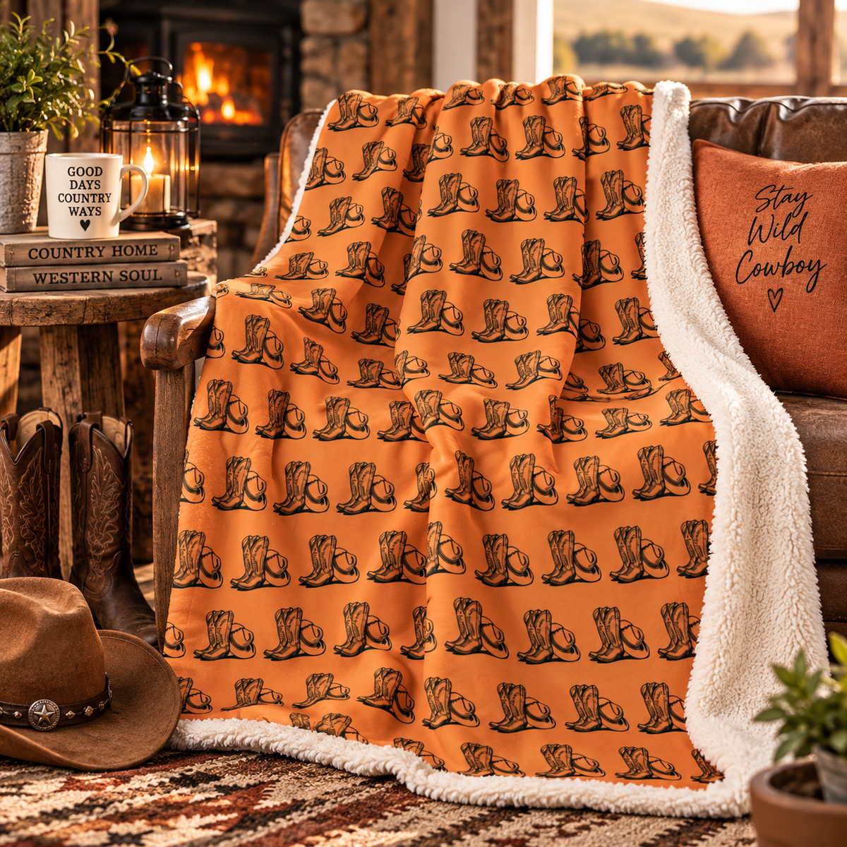 Cowboy Boots & Hat Terracotta Sherpa Throw Blanket