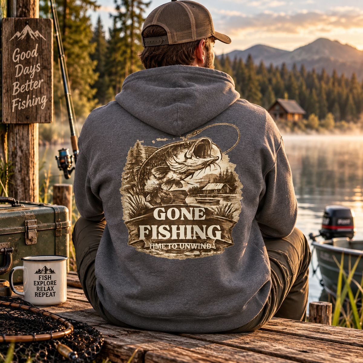 Gone Fishing Hoodie – Vintage Sepia Back Print Fishing Hoodie