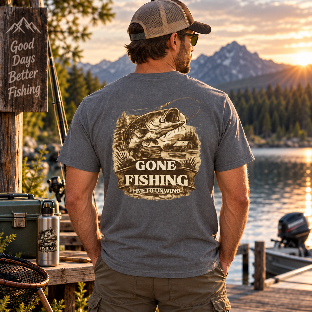 Gone Fishing Back Print T-Shirt – Vintage Sepia Fishing Tee