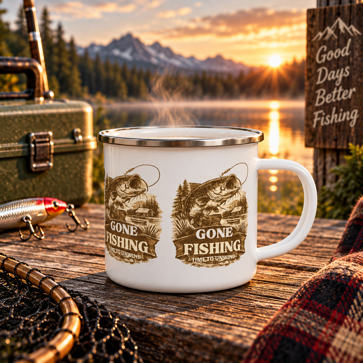 Gone Fishing Enamel Mug – Time to Unwind Fishing Mug