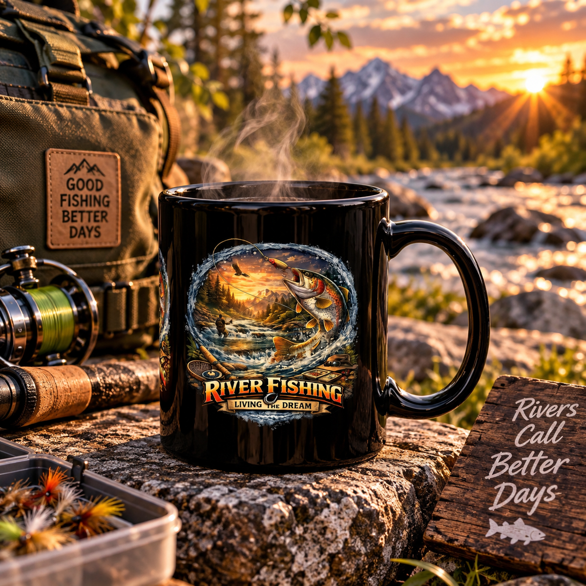 Keramiktasse Angeln am Fluss Lebe den Traum Kaffeetasse Schwarz (325 ml)