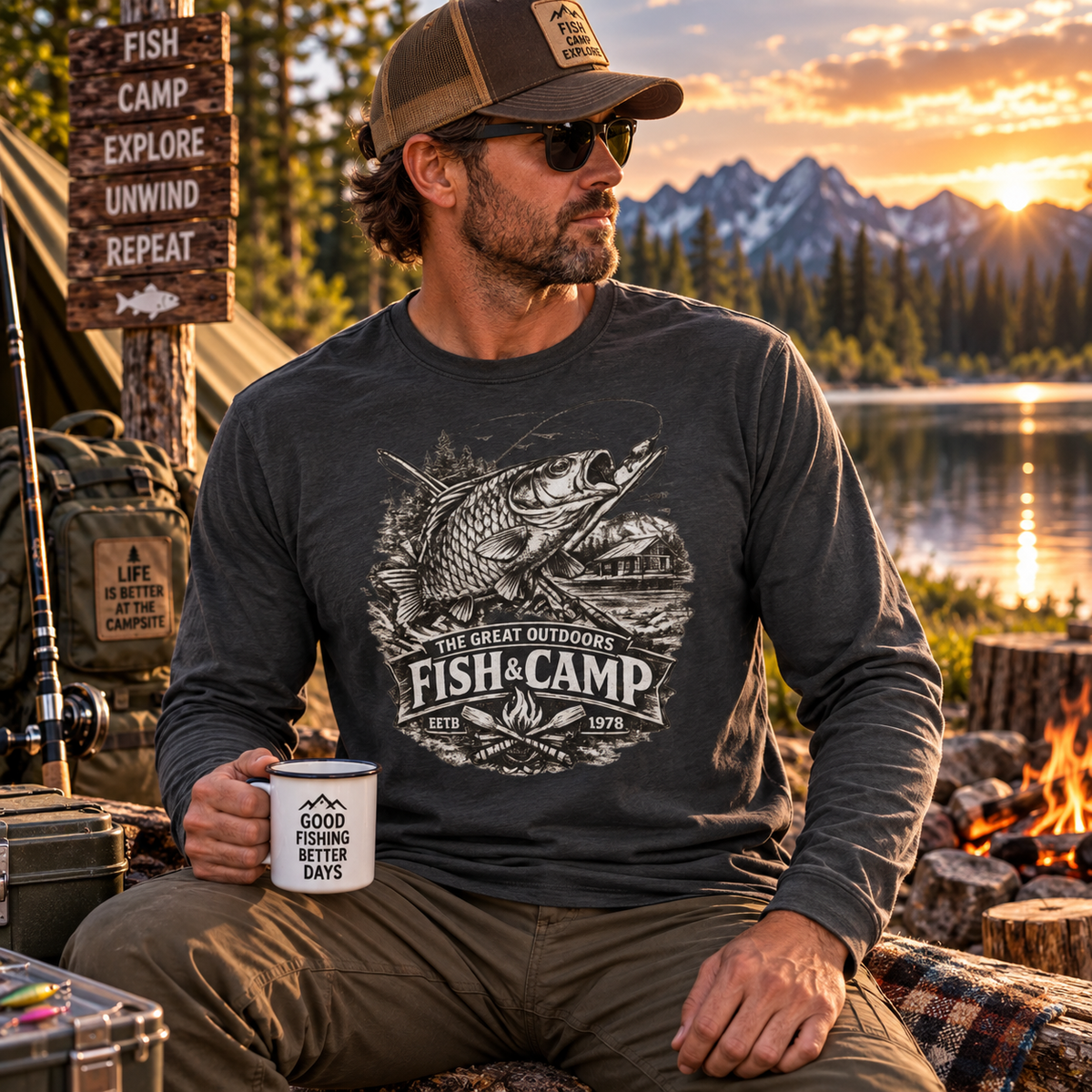 Retro Angel-Langarmshirt Vintage Angler Illustration