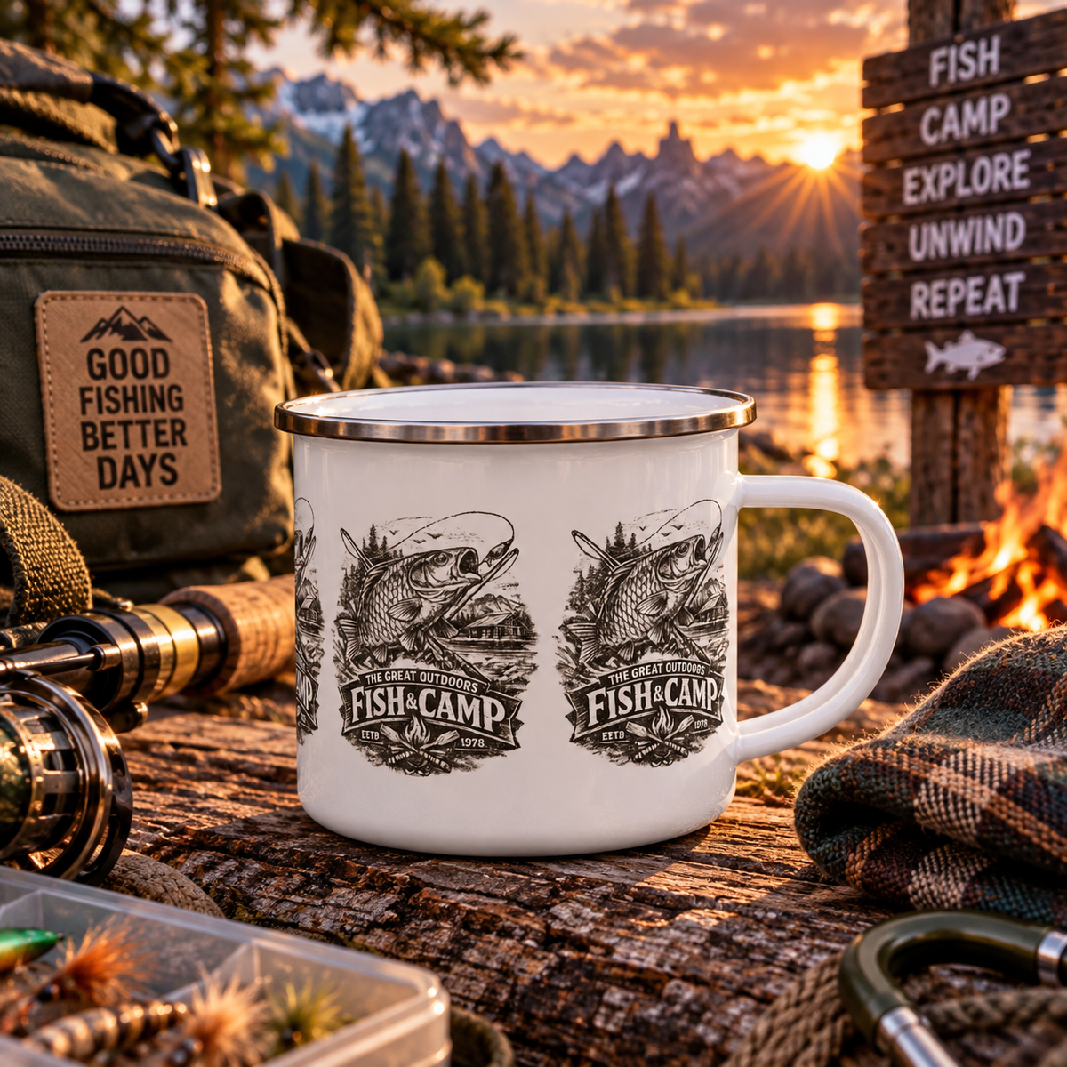 Tasse émaillée de pêche vintage Fish Camp