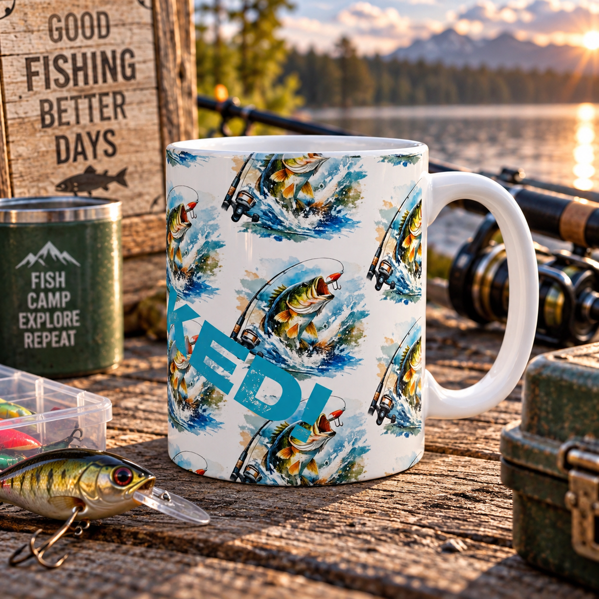 Mug en céramique avec leurre de pêche – Mug avec slogan "Accroché"