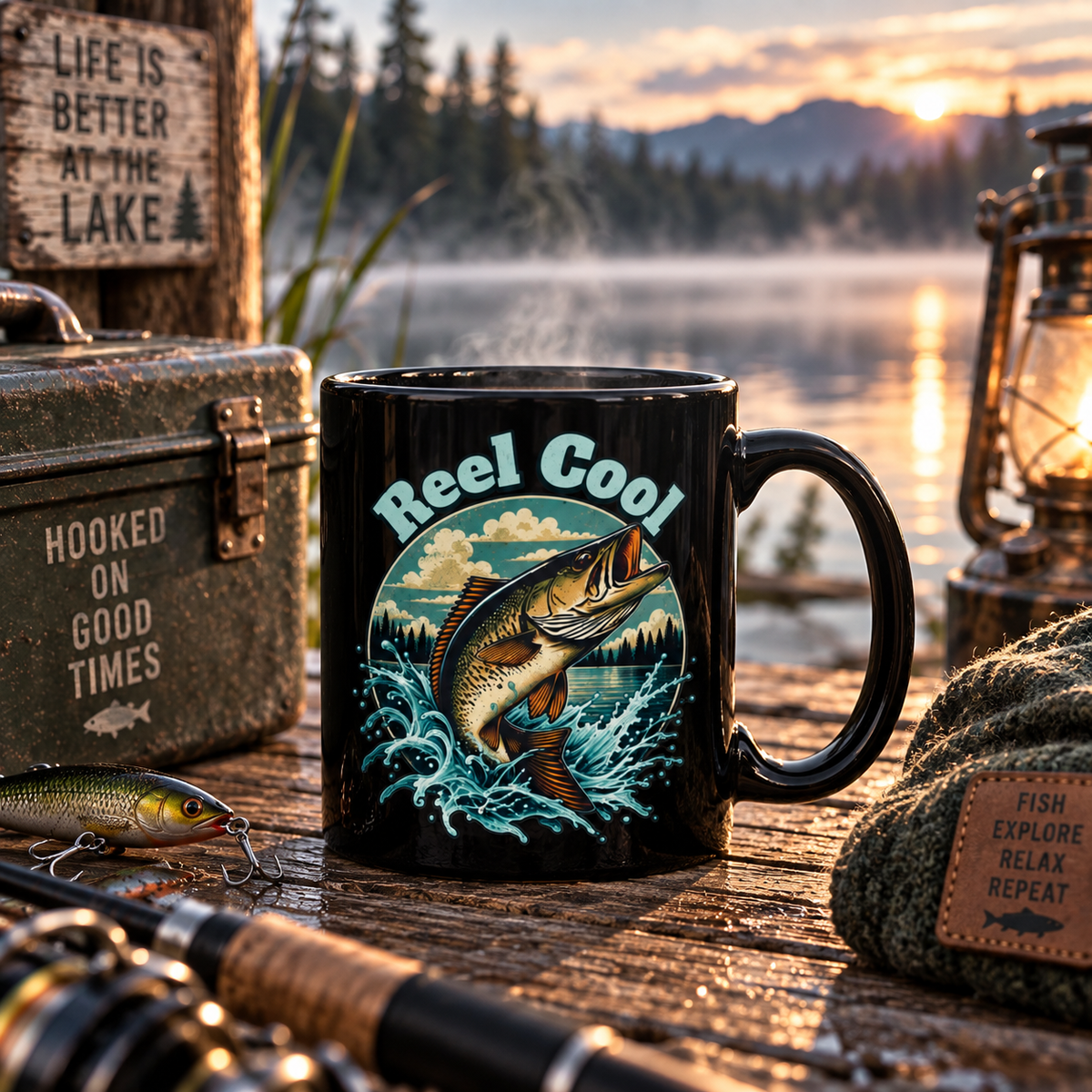 Reel Cool Black Fishing Mug – Retro Angler Mug