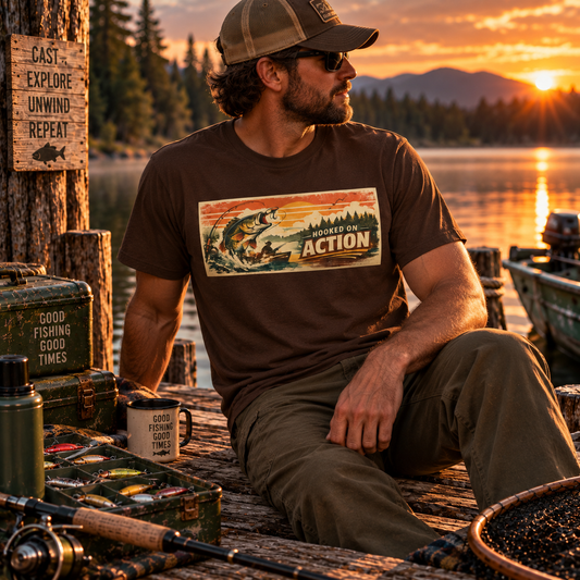 Hooked on Action Fishing T-Shirt – Retro Angler Graphic Tee