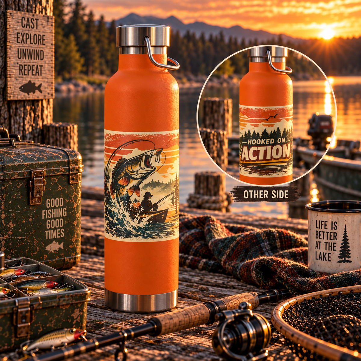 Hooked on Action Insulated Flask – Retro Fishing Flask