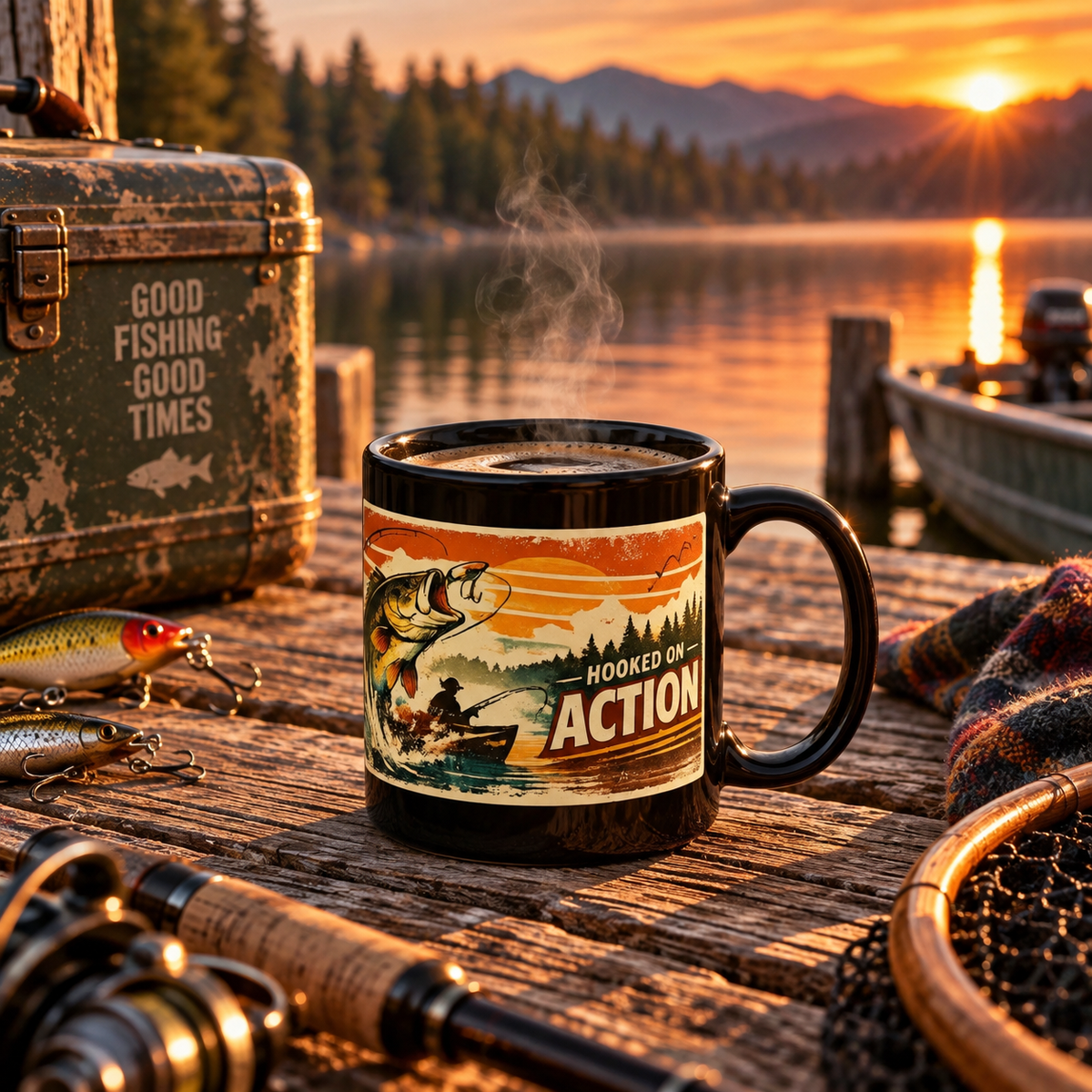 Hooked on Action Black Fishing Mug – Retro Angler Mug