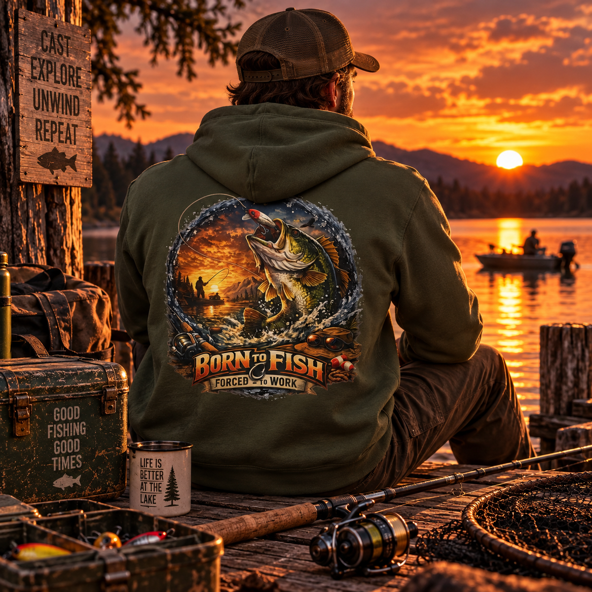 Born to Fish Forced to Work Back Print Hoodie – Fishing Hoodie