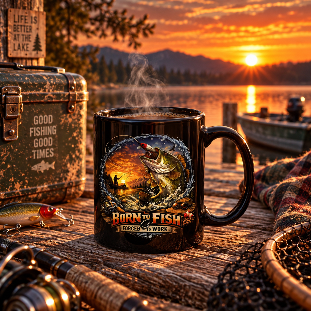 Born to Fish Forced to Work Black Mug – Angler Fishing Mug