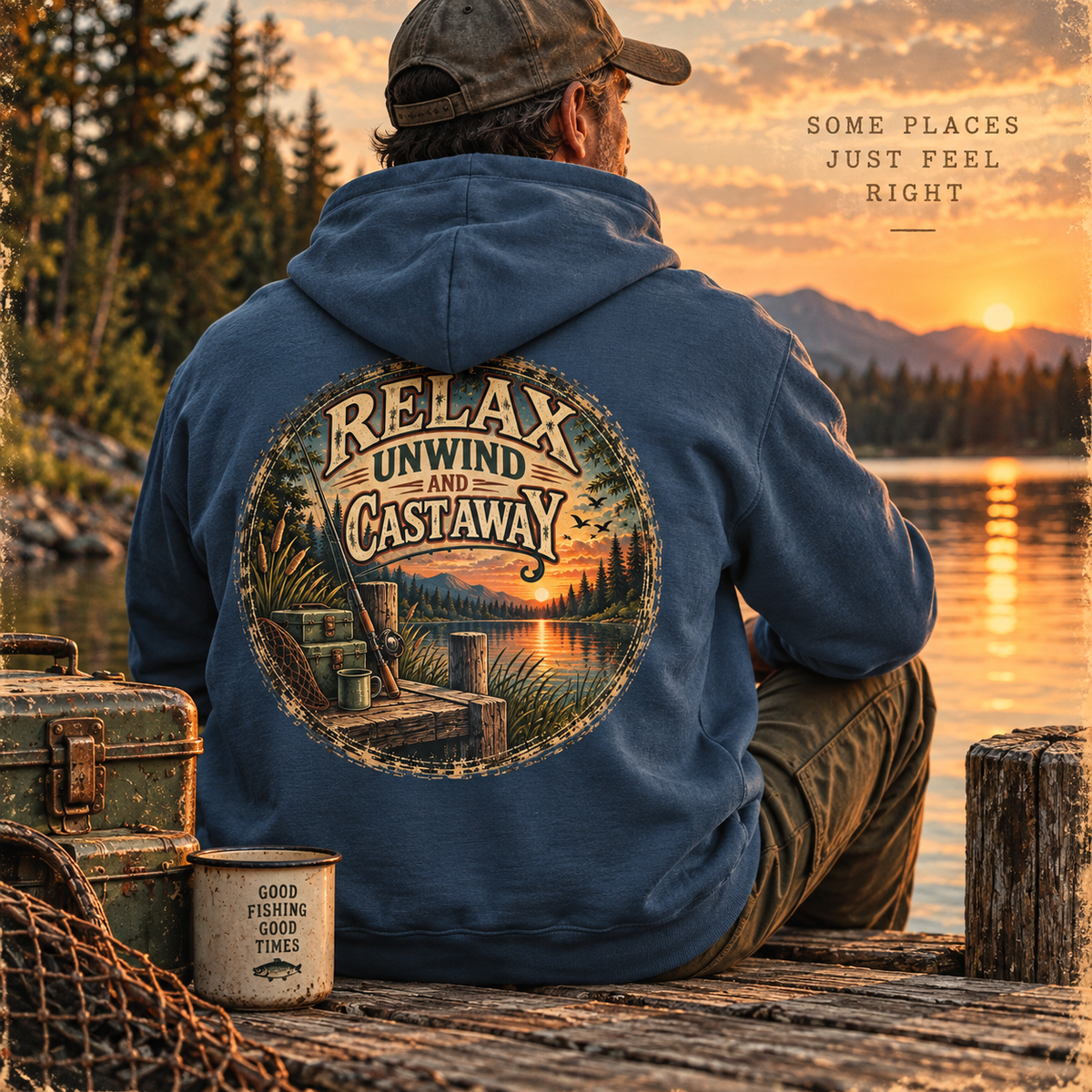 Relax, Unwind & Cast Away Back Print Hoodie – Vintage Fishing Hoodie