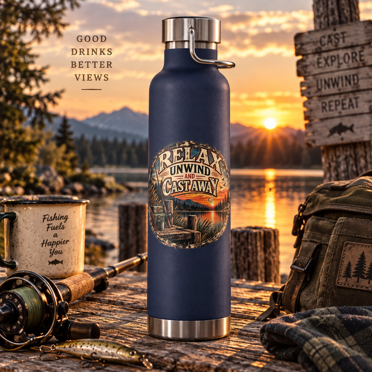 Relax, Unwind & Cast Away Insulated Flask – Vintage Fishing Flask