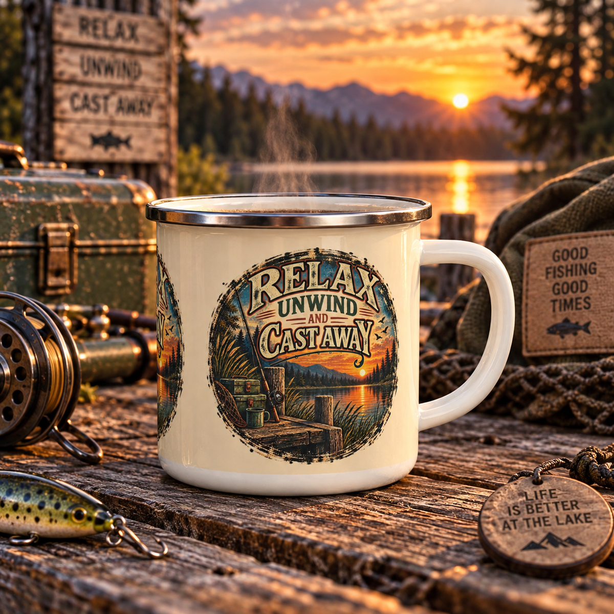 Relax, Unwind & Cast Away Enamel Mug – Vintage Fishing Mug
