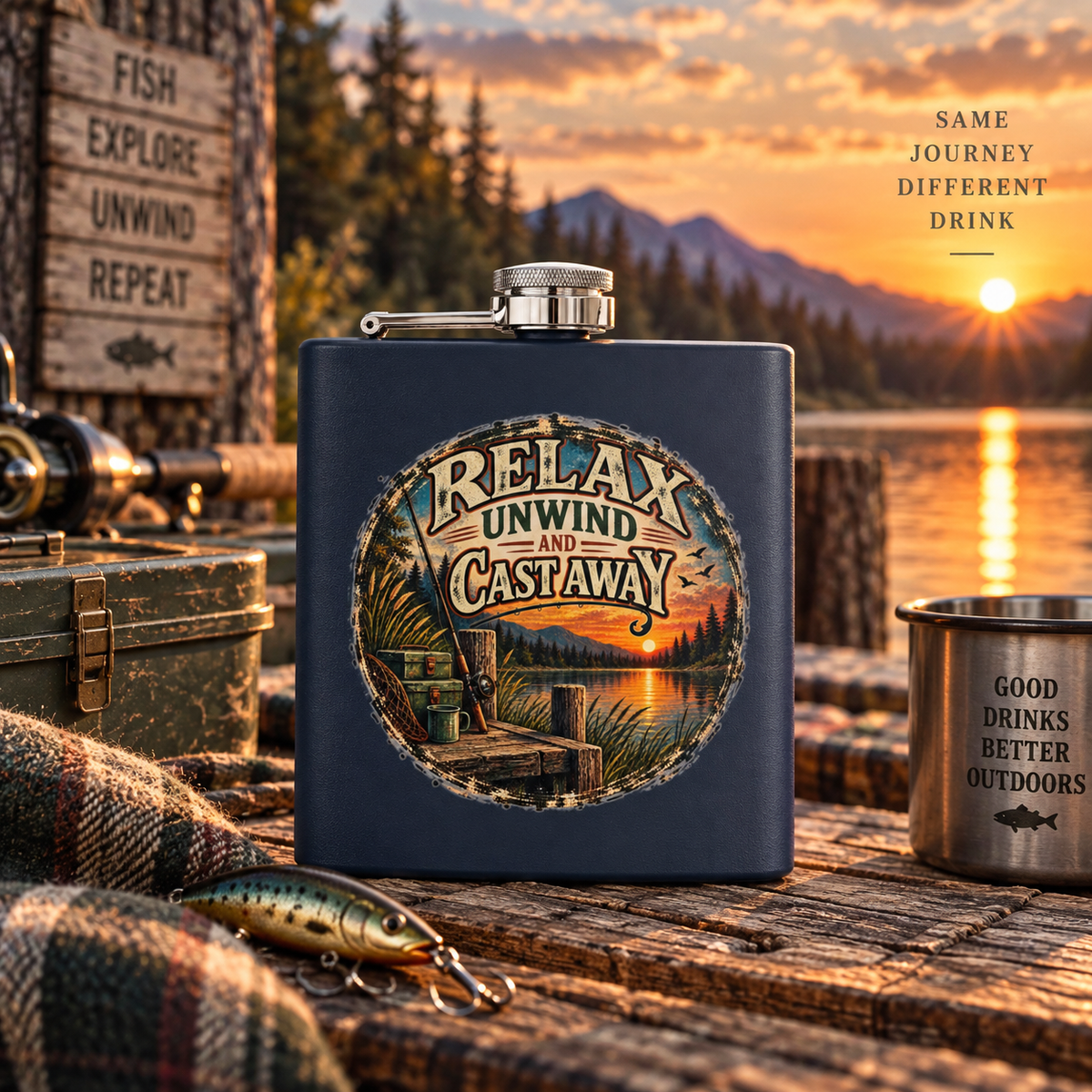 Relax, Unwind & Cast Away Hip Flask – Vintage Fishing Flask