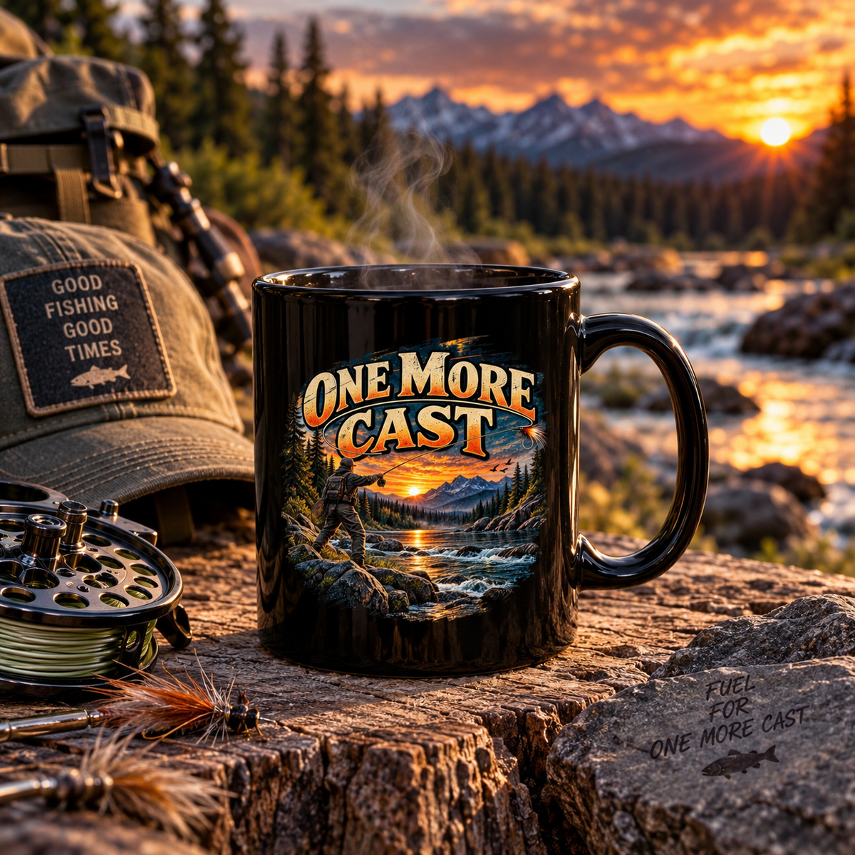 One More Cast Black Fishing Mug – Vintage Angler Mug
