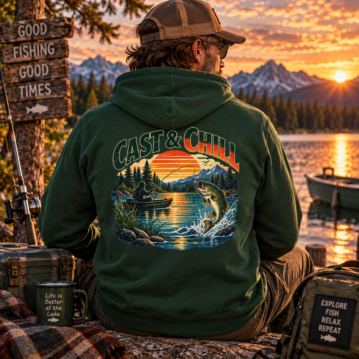 Cast & Chill Back Print Hoodie – Vintage Fishing Hoodie